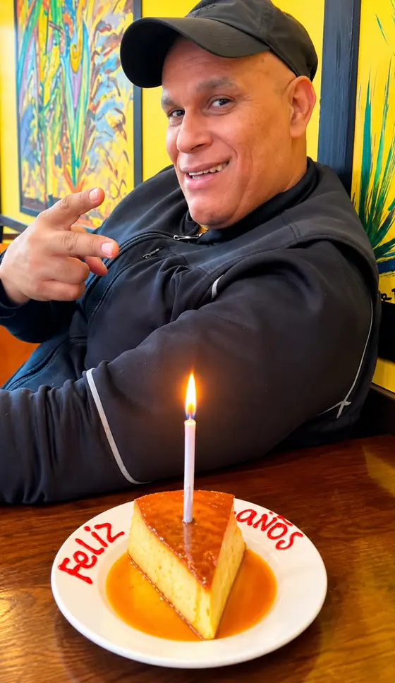 Customer with a slice of Colombian flan and a birthday candle